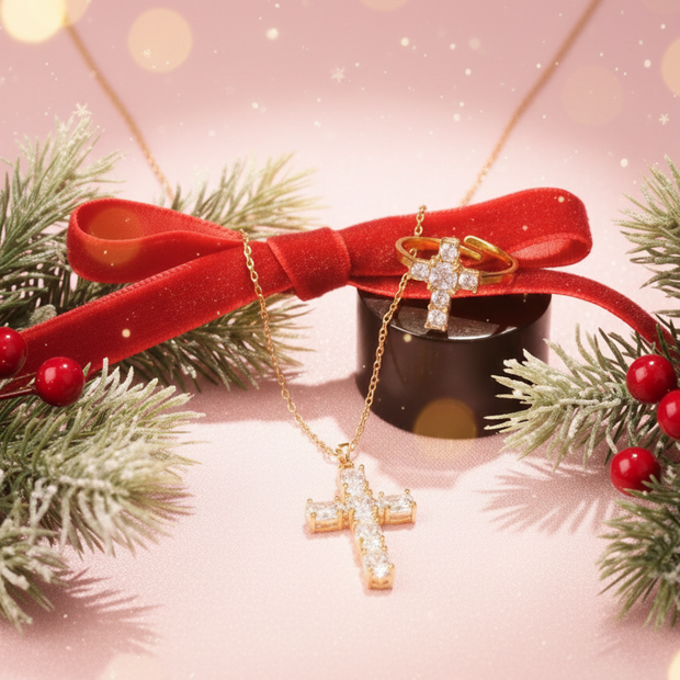 Set Regalo Collana Croce e Anello Regolabile in Acciaio Inossidabile 316L